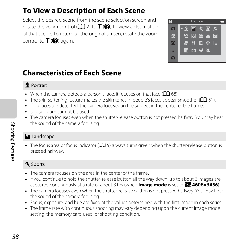 To view a description of each scene, Characteristics of each scene, A 38 | A 38) | Nikon L820 User Manual | Page 58 / 240