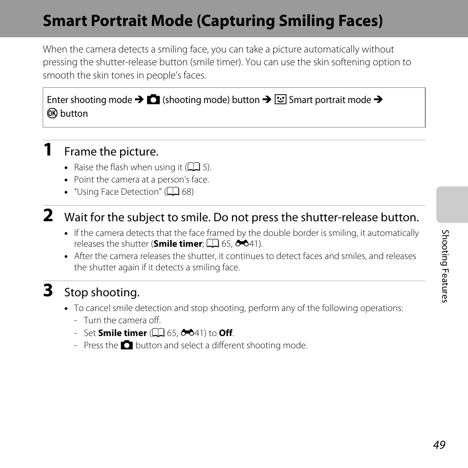 Smart portrait mode (capturing smiling faces), A 49 | Nikon L820 User Manual | Page 69 / 240