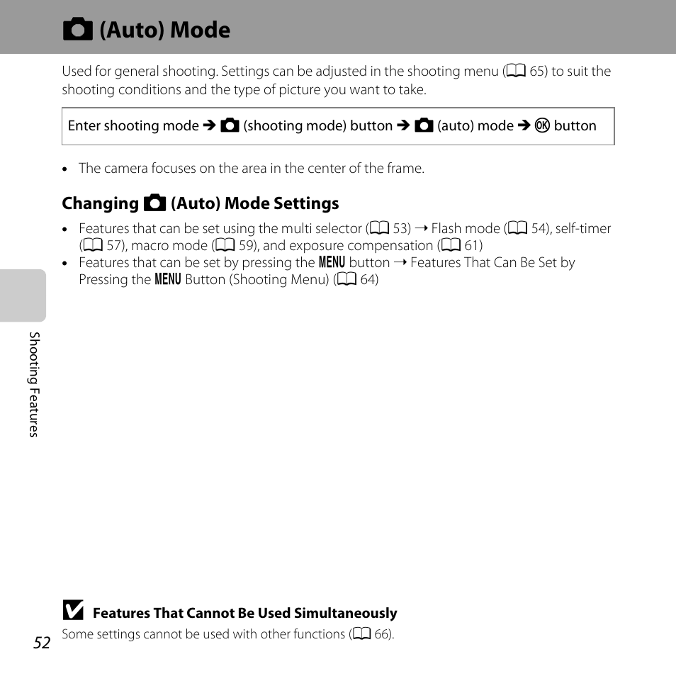 Auto mode, A (auto) mode, A 52) | Nikon L820 User Manual | Page 72 / 240