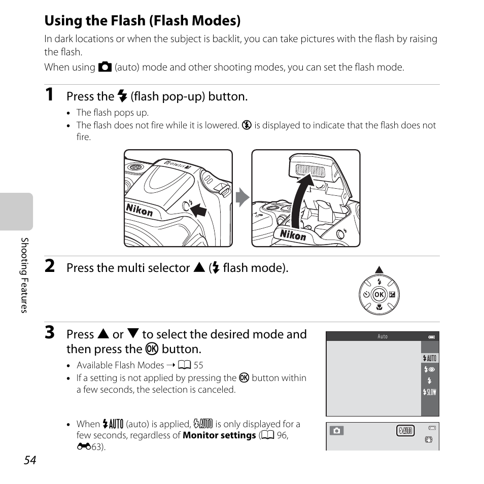 Using the flash (flash modes), 54) i, A 54 | A 54) may, A 54), H mode (a 54), self | Nikon L820 User Manual | Page 74 / 240