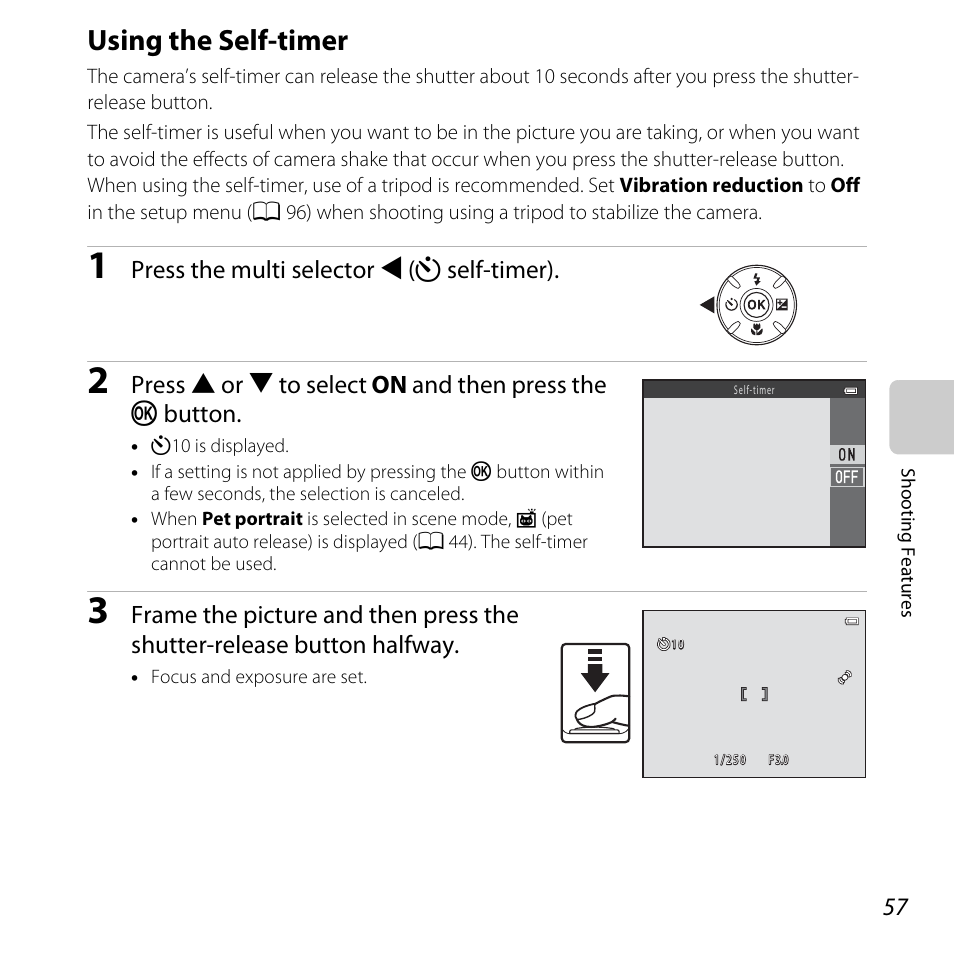 Using the self-timer, A 57, A 57) | A 57), macr, A 57), an, Press the multi selector j (n self-timer) | Nikon L820 User Manual | Page 77 / 240