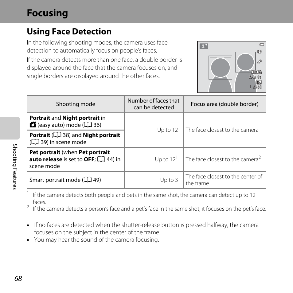 Focusing, Using face detection, A 68) | Ce (a 68), A 68, Using face detection” (a 68) | Nikon L820 User Manual | Page 88 / 240