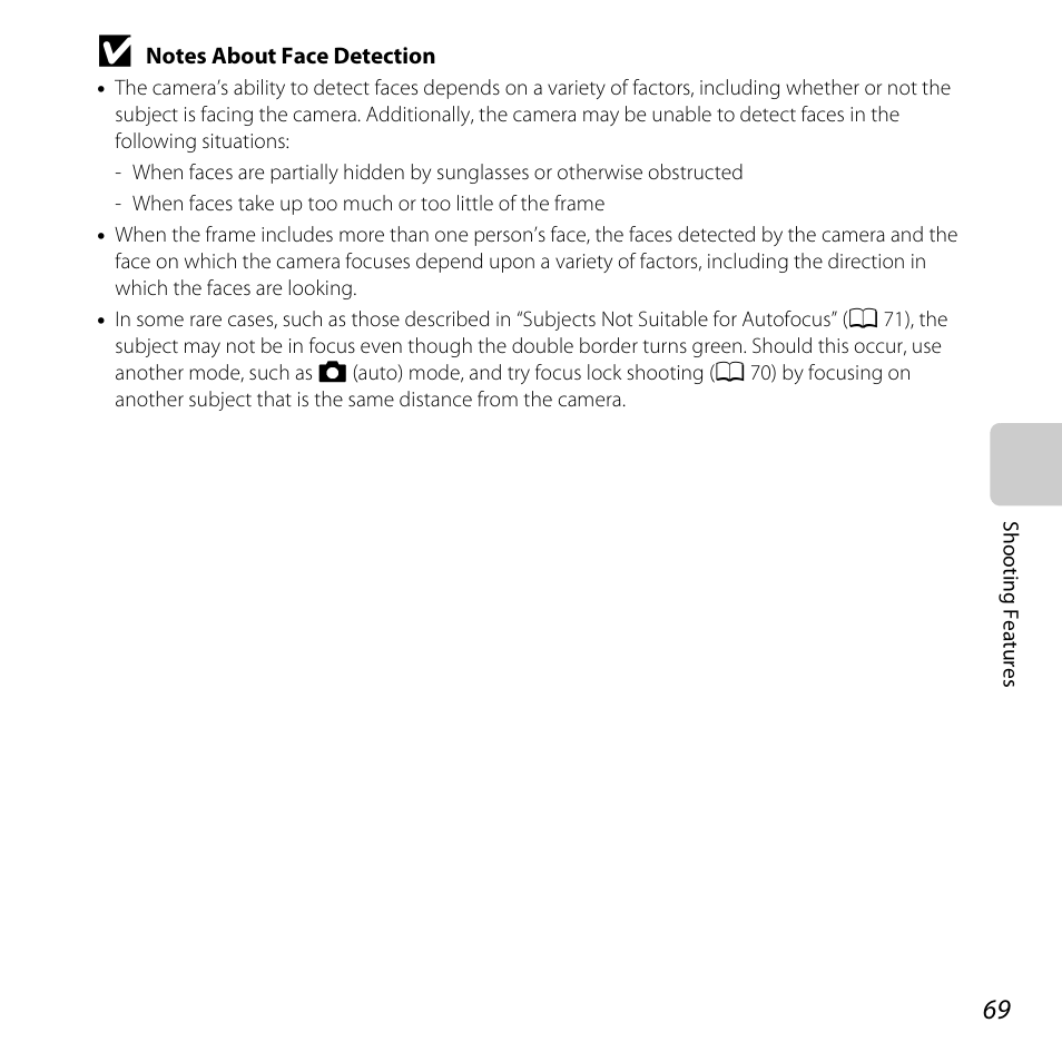 Notes about face detection, A 69 | Nikon L820 User Manual | Page 89 / 240