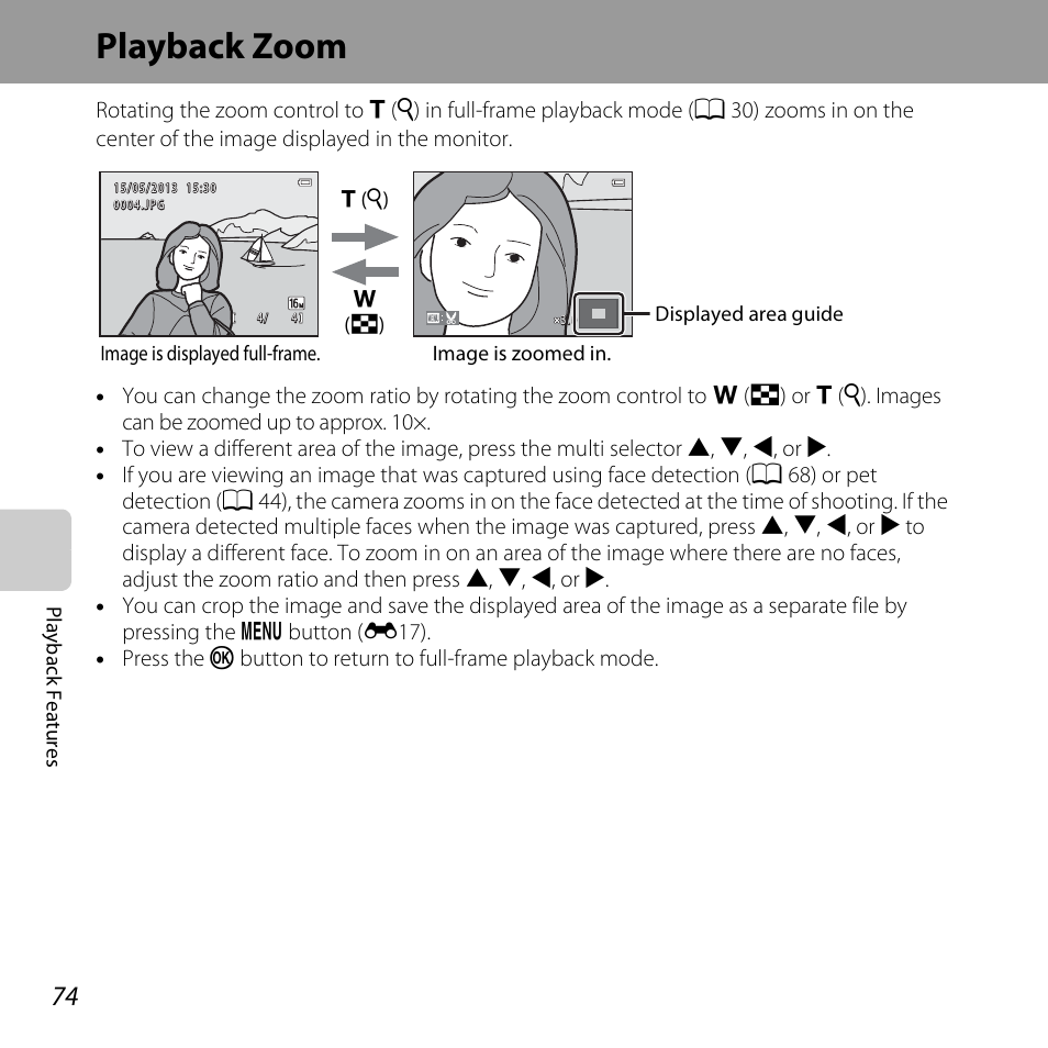 Playback zoom, A 74 | Nikon L820 User Manual | Page 94 / 240