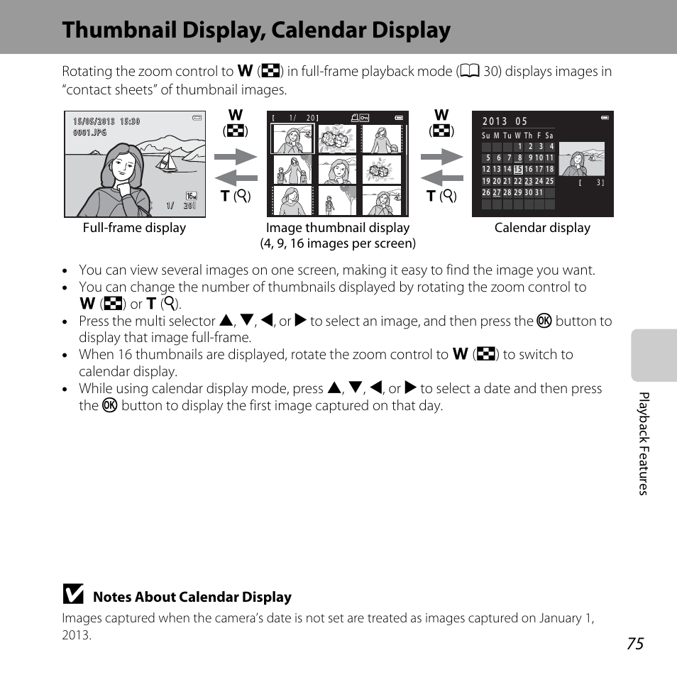 Thumbnail display, calendar display, A 75 | Nikon L820 User Manual | Page 95 / 240