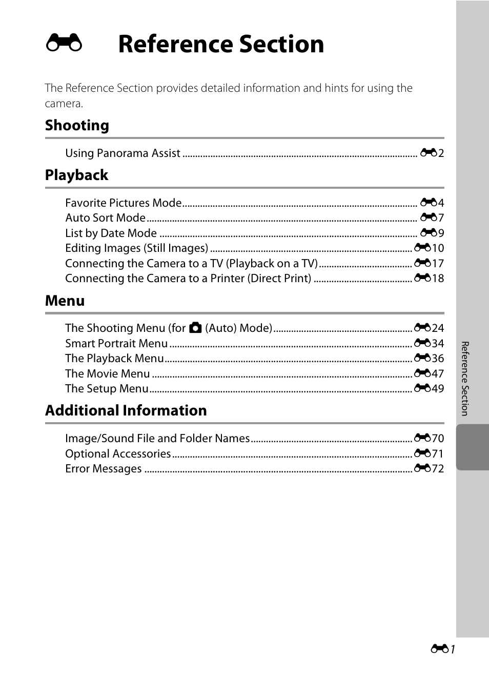 Reference section, Shooting, Playback | Menu, Additional information | Nikon S3200 User Manual | Page 105 / 204