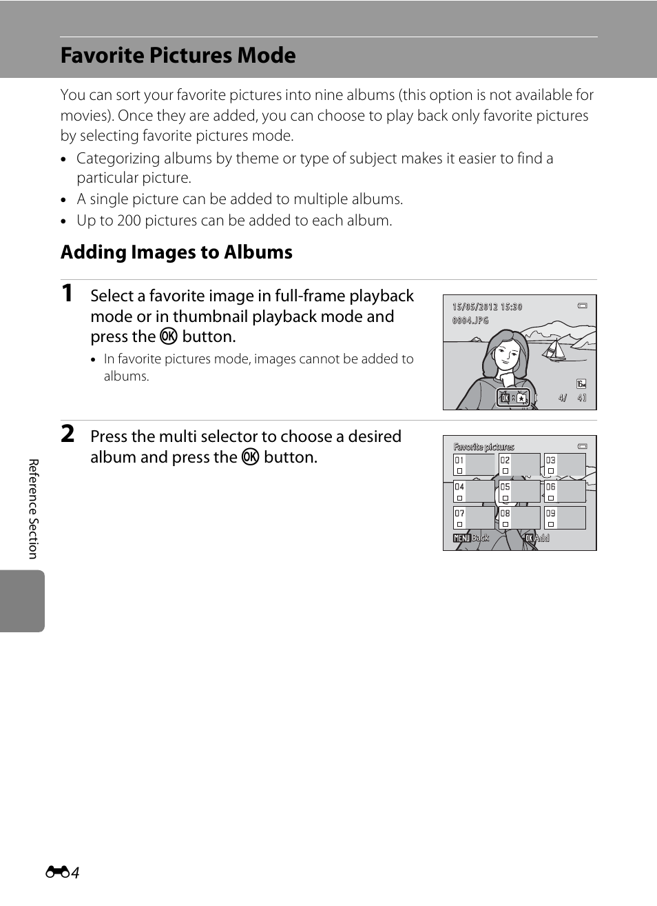 Favorite pictures mode, Adding images to albums, 70, e4 | Nikon S3200 User Manual | Page 108 / 204