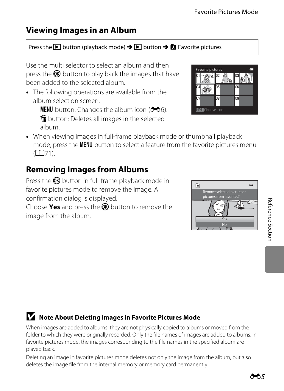 Viewing images in an album, Removing images from albums, E5), o | Nikon S3200 User Manual | Page 109 / 204