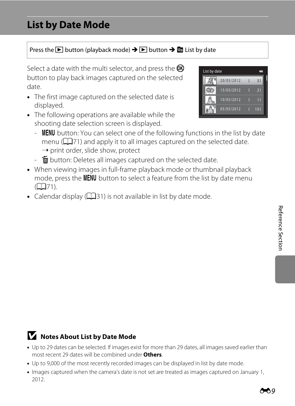 List by date mode, E9) t | Nikon S3200 User Manual | Page 113 / 204