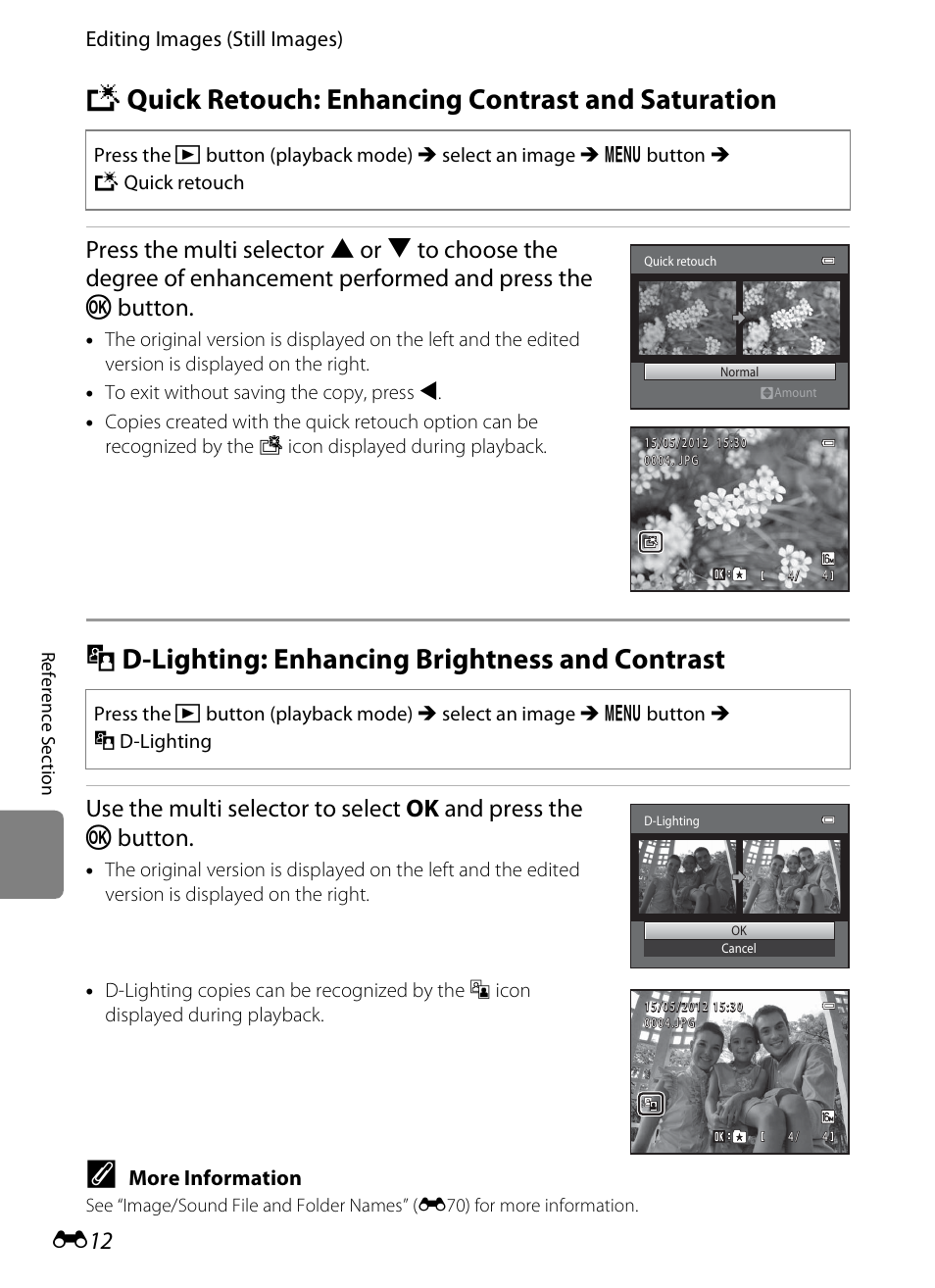 Quick retouch: enhancing contrast and saturation, D-lighting: enhancing brightness and contrast, K quick retouch: enhancing contrast and saturation | I d-lighting: enhancing brightness and contrast, E12) | Nikon S3200 User Manual | Page 116 / 204