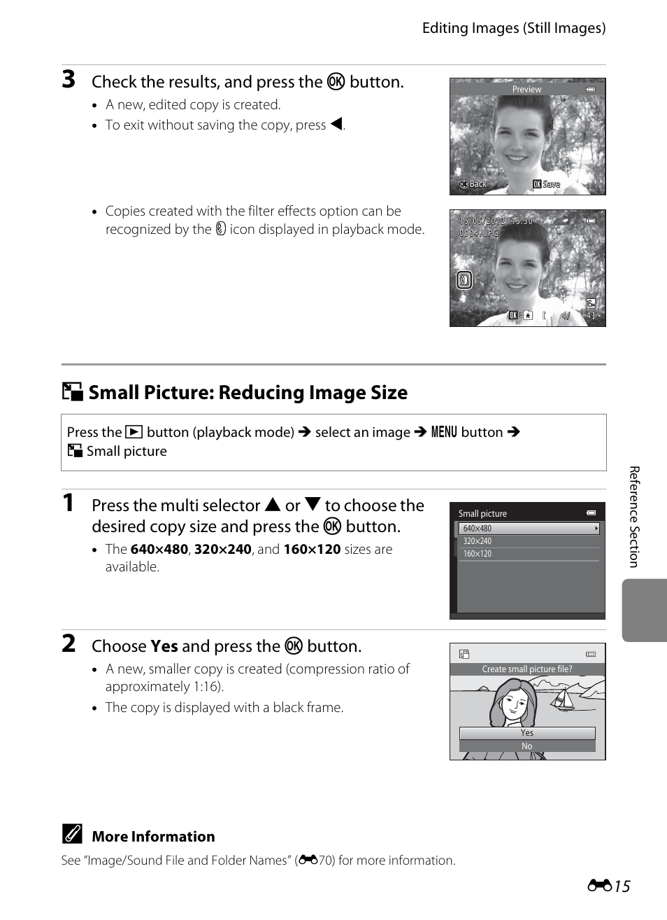 Small picture: reducing image size, G small picture: reducing image size, E15) | Check the results, and press the k button, Choose yes and press the k button | Nikon S3200 User Manual | Page 119 / 204