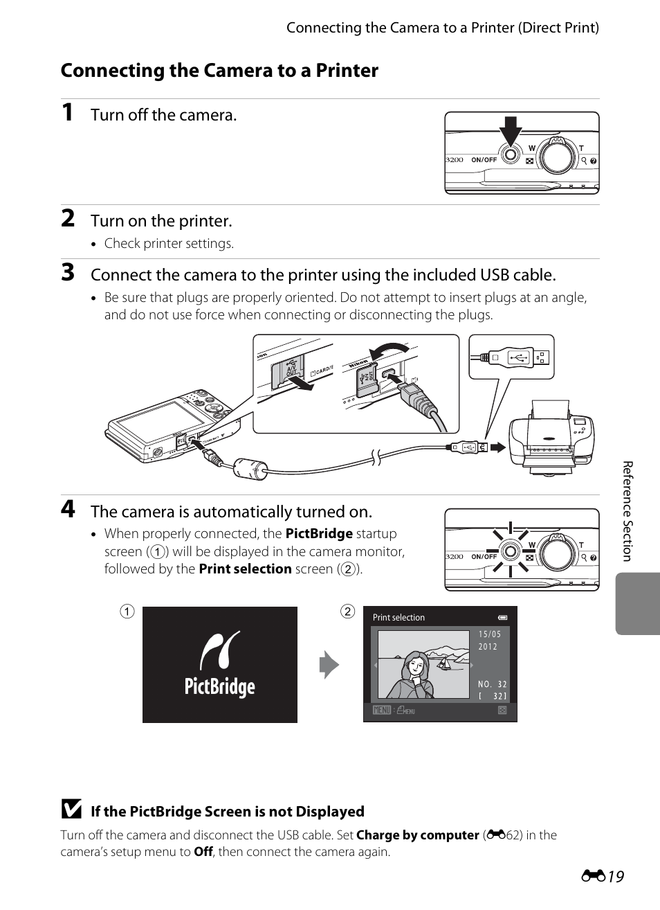 Connecting the camera to a printer, E19) | Nikon S3200 User Manual | Page 123 / 204
