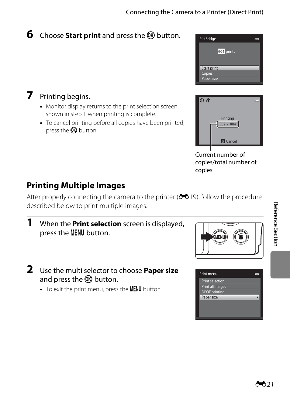Printing multiple images, E21), Choose start print and press the k button | Printing begins | Nikon S3200 User Manual | Page 125 / 204