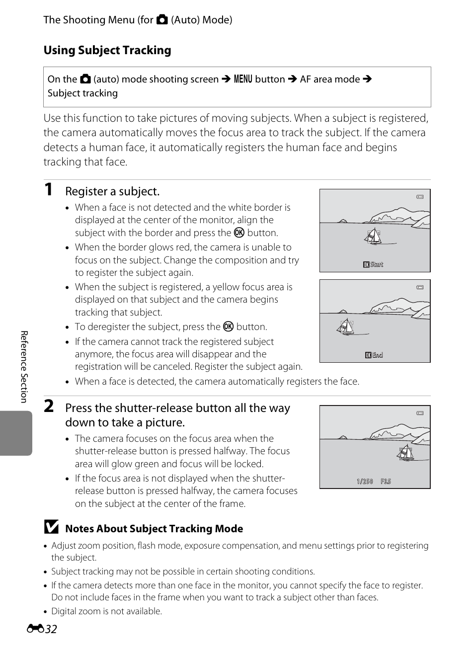 E “using subject tracking, E32) for, Using subject tracking | Register a subject | Nikon S3200 User Manual | Page 136 / 204