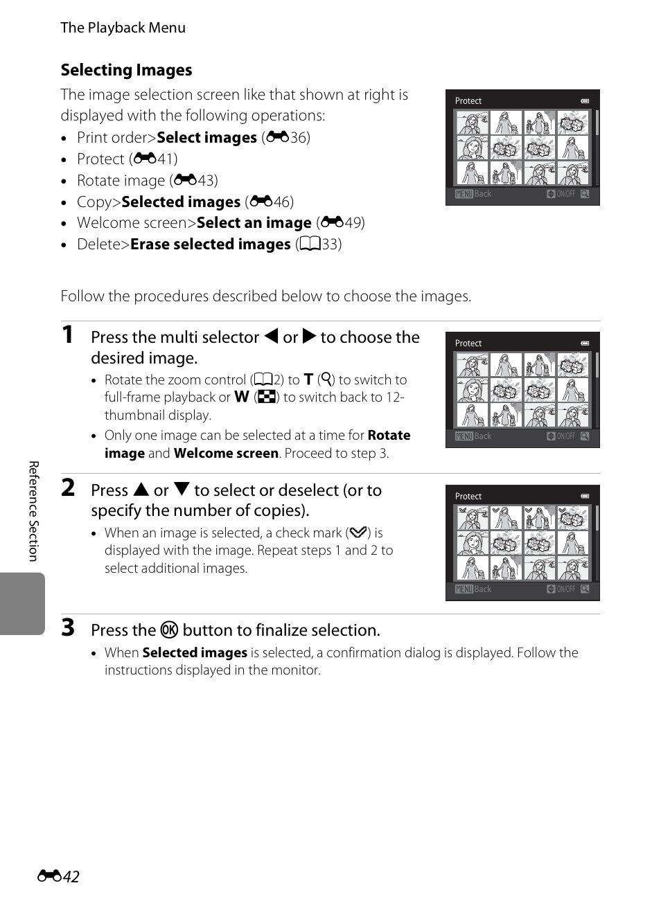 E “selecting images, E42), Selecting images | Press the k button to finalize selection | Nikon S3200 User Manual | Page 146 / 204