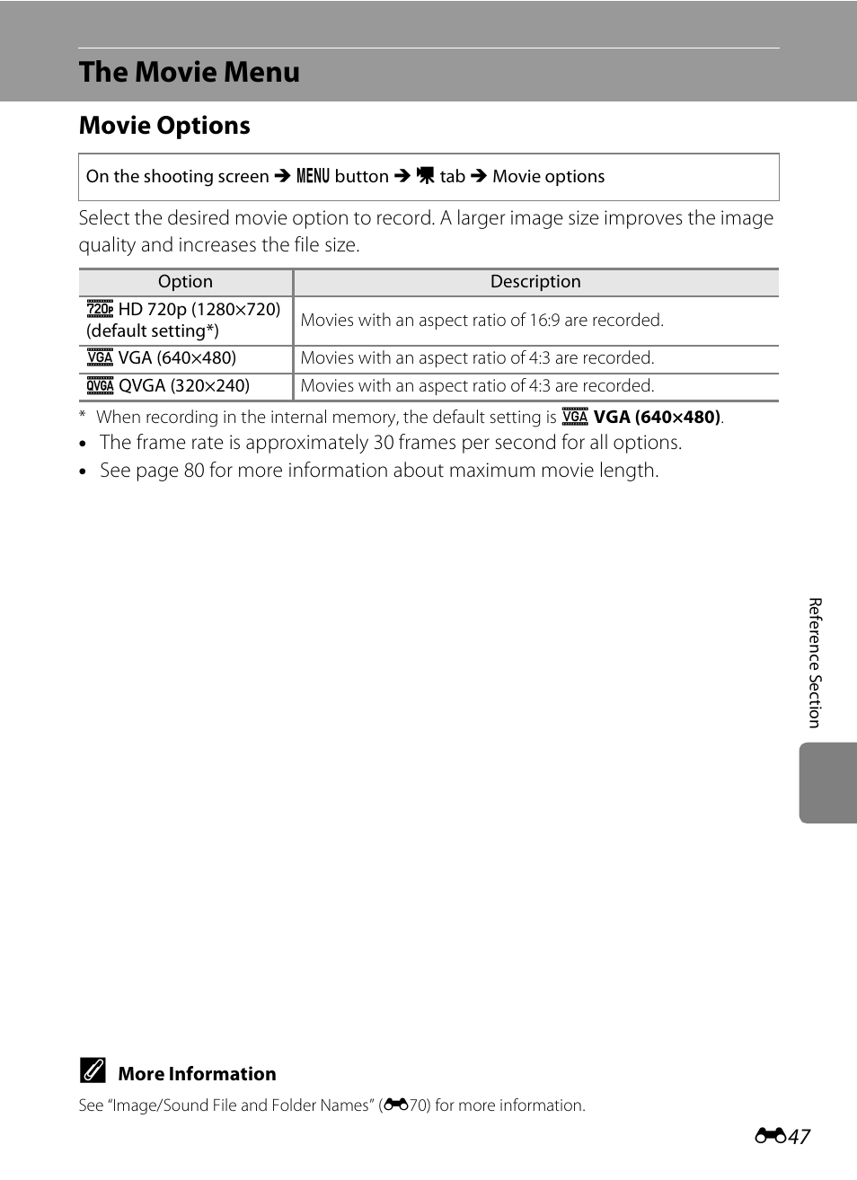 The movie menu, Movie options | Nikon S3200 User Manual | Page 151 / 204
