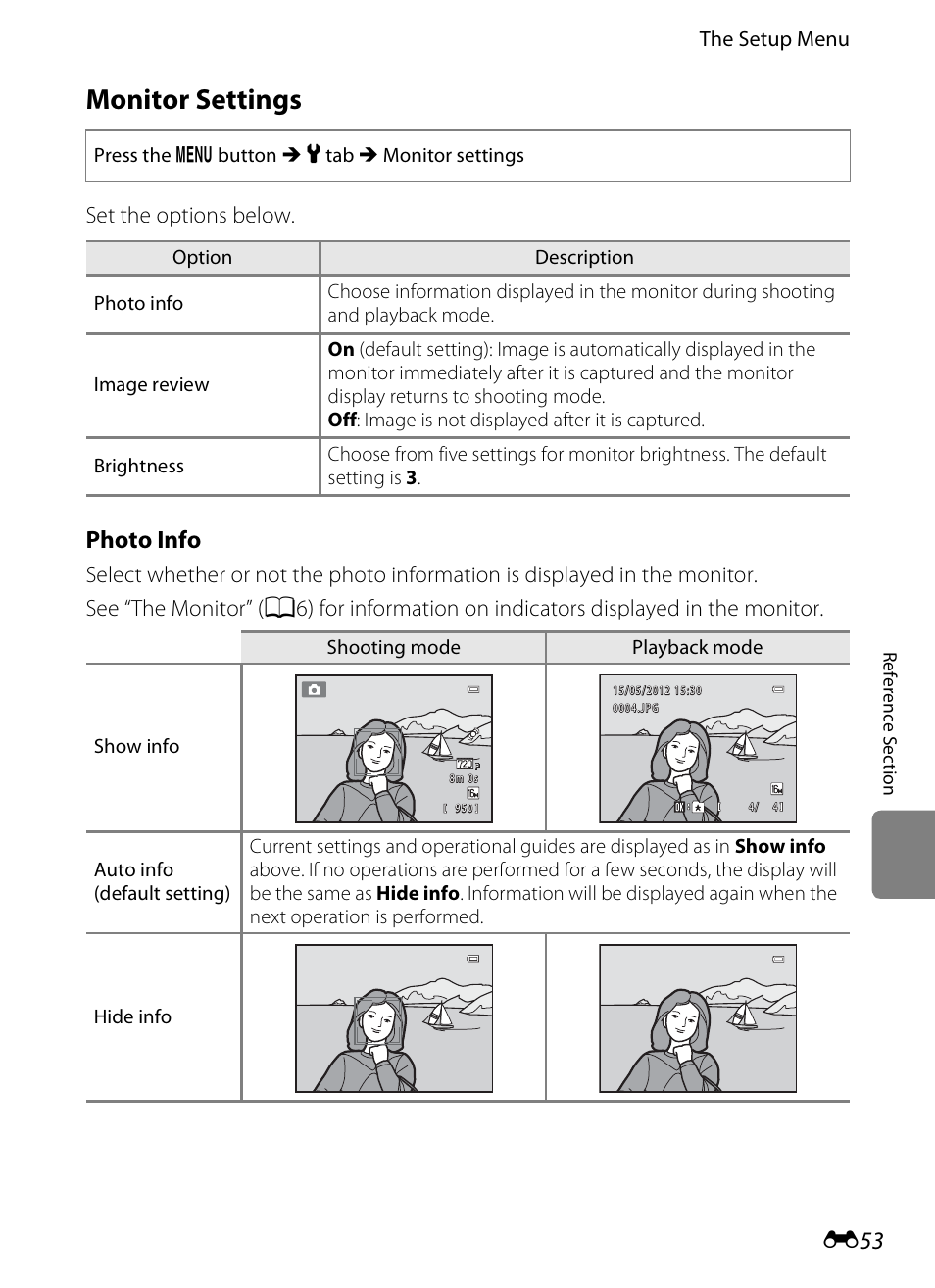 Monitor settings, Photo info, Set the options below | Nikon S3200 User Manual | Page 157 / 204