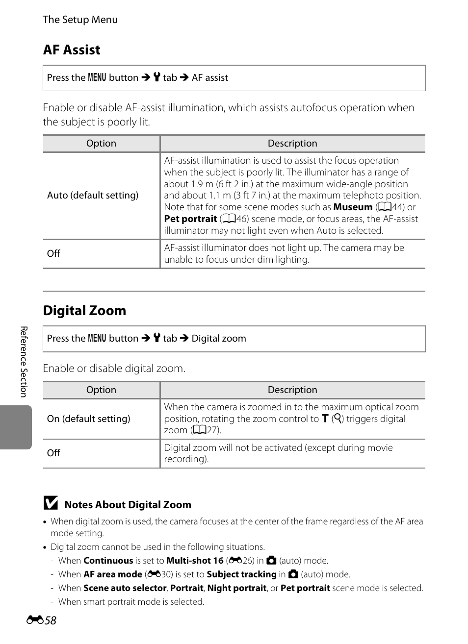 Af assist, Digital zoom | Nikon S3200 User Manual | Page 162 / 204