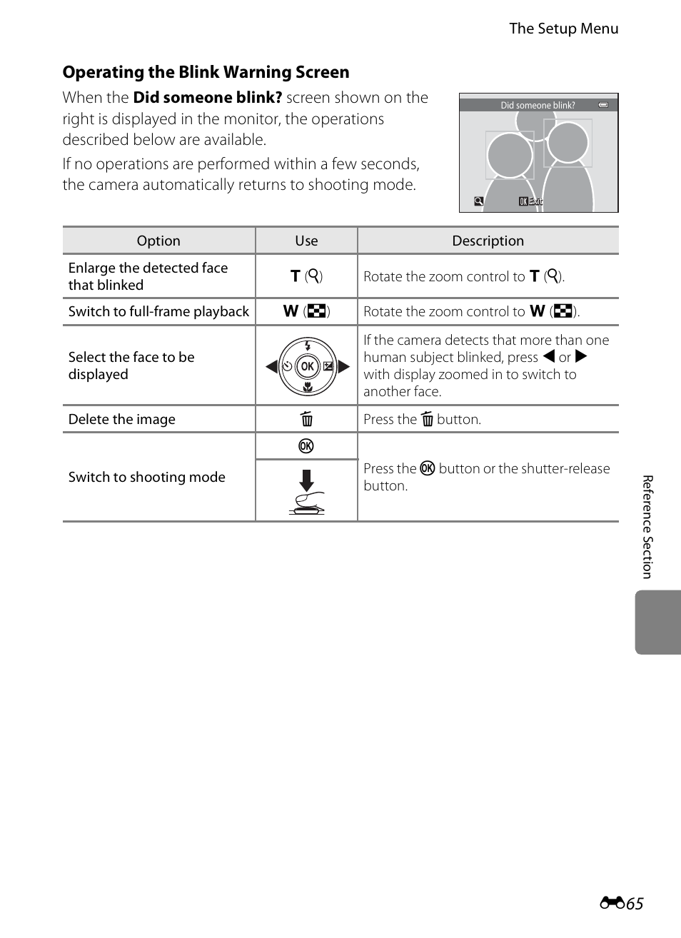 Operating the blink warning screen, E65) fo | Nikon S3200 User Manual | Page 169 / 204