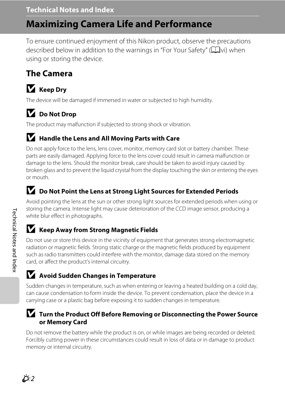 Maximizing camera life and performance, The camera | Nikon S3200 User Manual | Page 182 / 204