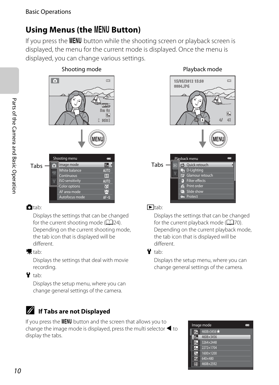 Using menus (the menu button), Using menus (the, D button) | Using menus (the d button), Basic operations, If tabs are not displayed | Nikon S3200 User Manual | Page 26 / 204