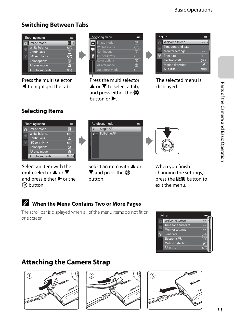 Attaching the camera strap, Switching between tabs selecting items, Basic operations | When the menu contains two or more pages | Nikon S3200 User Manual | Page 27 / 204