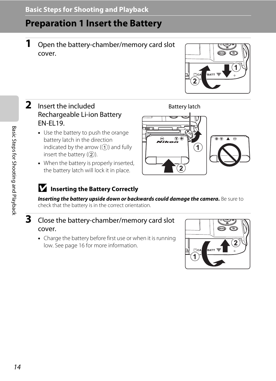 Preparation 1 insert the battery | Nikon S3200 User Manual | Page 30 / 204