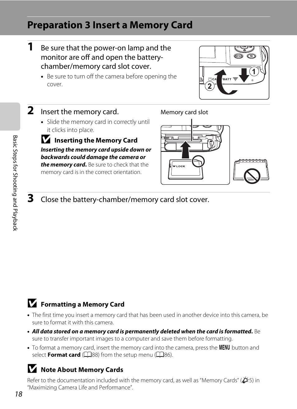 Preparation 3 insert a memory card | Nikon S3200 User Manual | Page 34 / 204