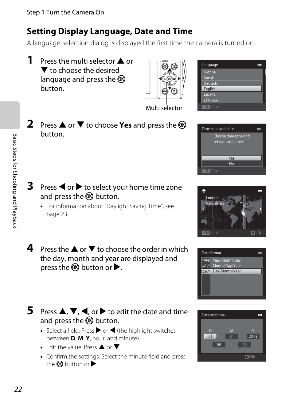 Setting display language, date and time, Press h or i to choose yes and press the k button | Nikon S3200 User Manual | Page 38 / 204