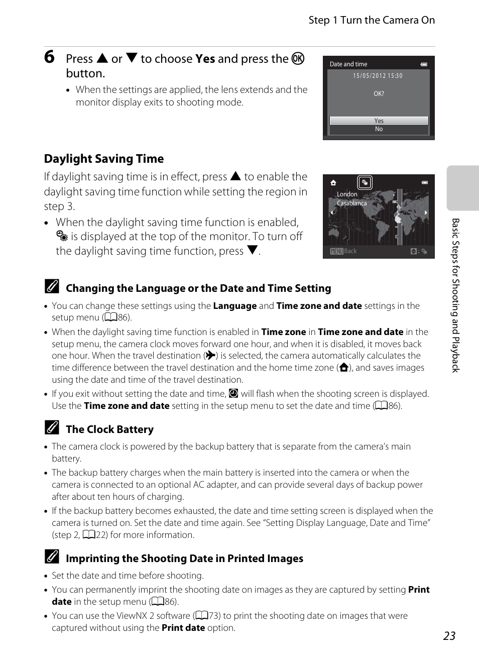 Press h or i to choose yes and press the k button, Daylight saving time | Nikon S3200 User Manual | Page 39 / 204