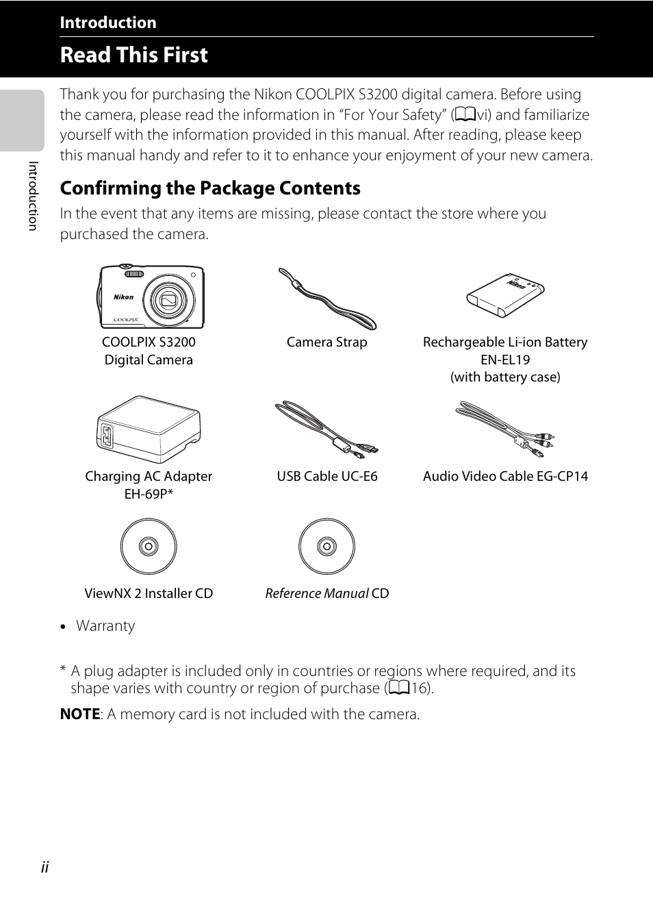 Introduction, Read this first, Confirming the package contents | Nikon S3200 User Manual | Page 4 / 204