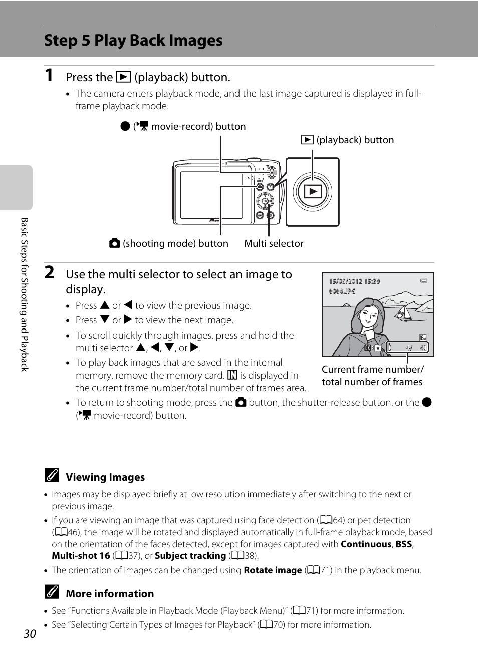 Step 5 play back images, Press the c (playback) button | Nikon S3200 User Manual | Page 46 / 204