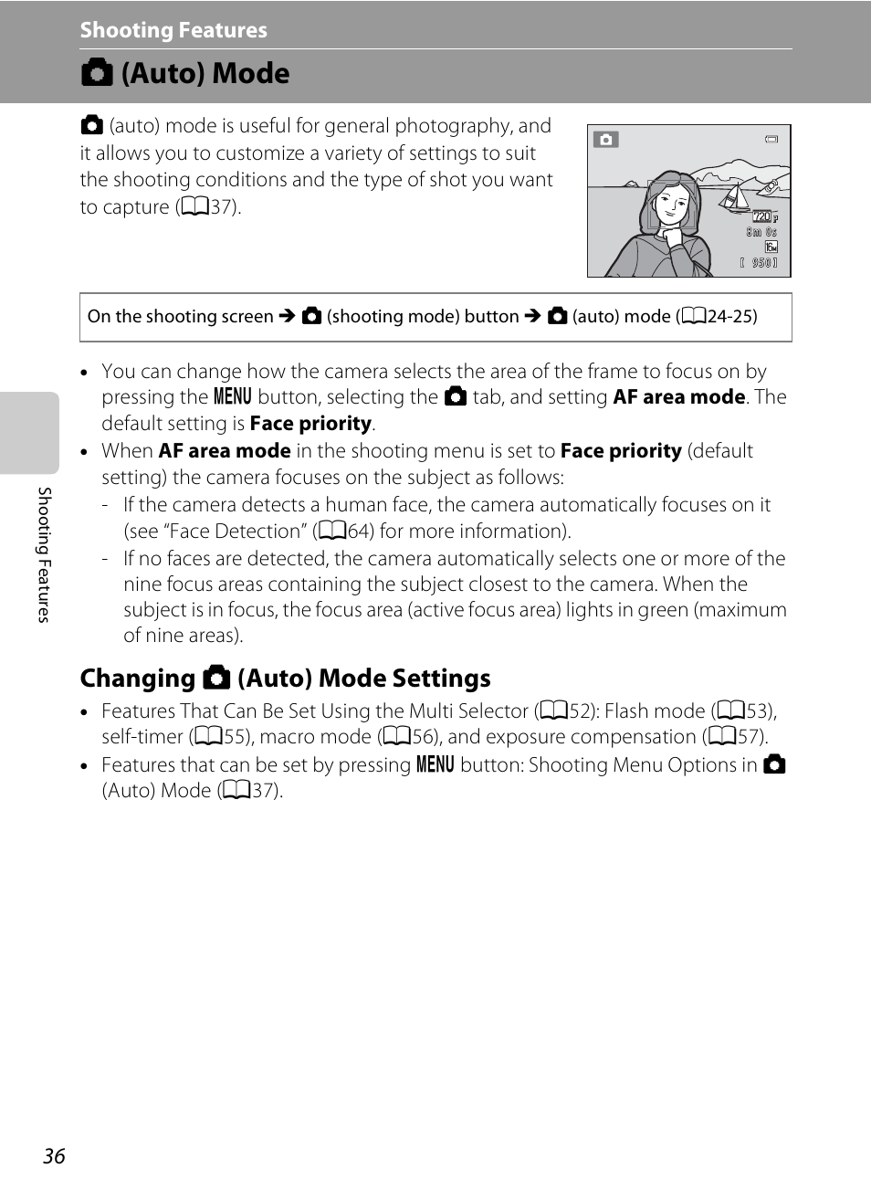 Auto mode, Changing auto mode settings, A (auto) mode | Changing a (auto) mode settings | Nikon S3200 User Manual | Page 52 / 204