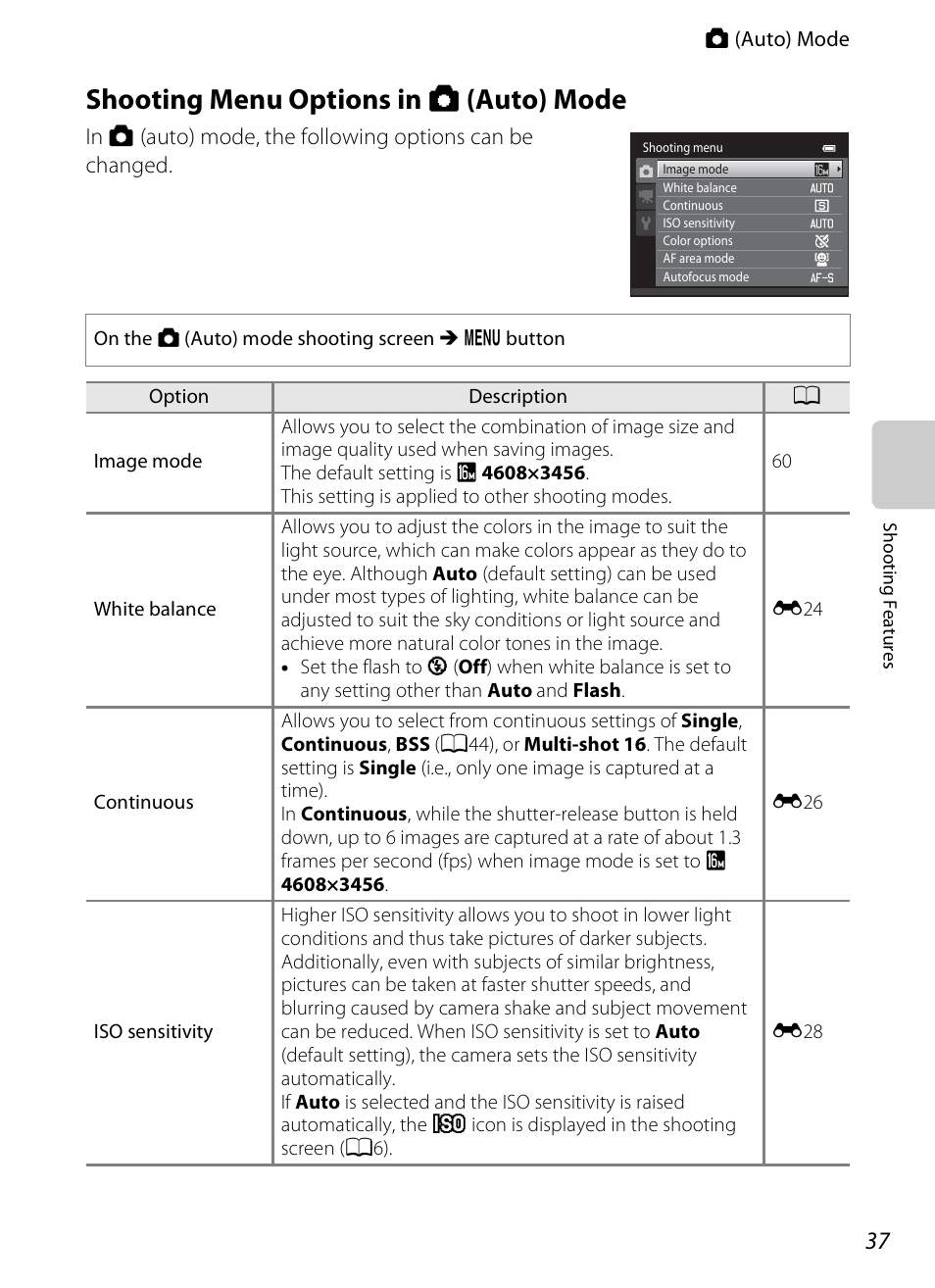 Shooting menu options in auto mode, Shooting menu options in a (auto) mode, A37) | Shooting menu options in a, Auto) mode | Nikon S3200 User Manual | Page 53 / 204
