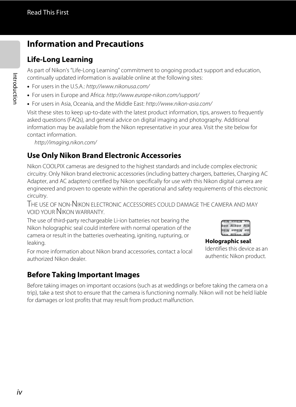 Information and precautions, Life-long learning, Use only nikon brand electronic accessories | Before taking important images | Nikon S3200 User Manual | Page 6 / 204