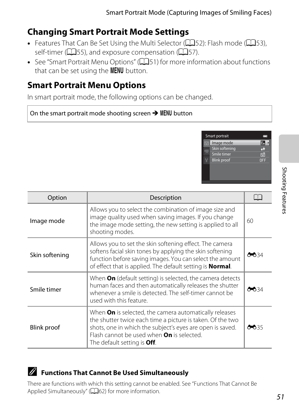 Changing smart portrait mode settings, Smart portrait menu options, A51) | Nikon S3200 User Manual | Page 67 / 204
