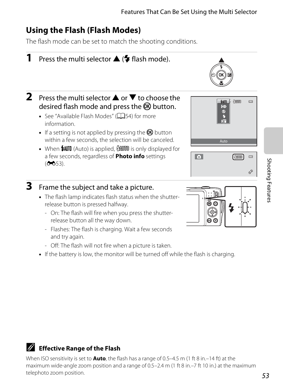 Using the flash (flash modes), A53) | Nikon S3200 User Manual | Page 69 / 204