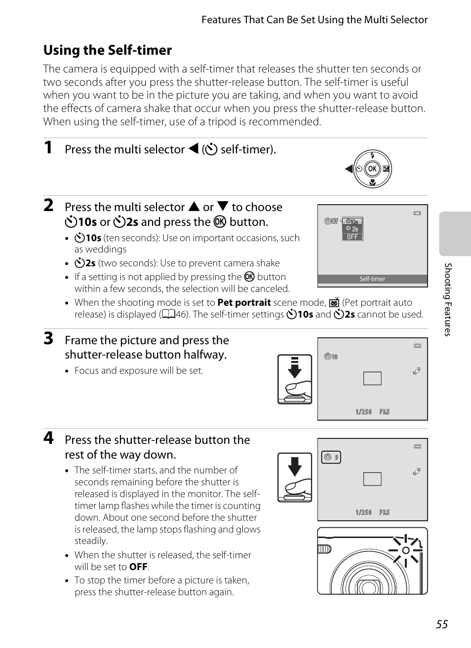 Using the self-timer, A55), Lf-timer | Timer, Press the multi selector j (n self-timer) | Nikon S3200 User Manual | Page 71 / 204