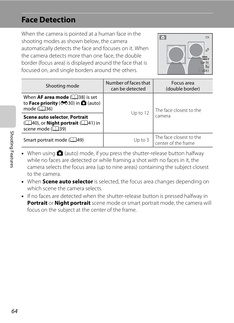 Face detection, See “face detection, A64) for m | Tection (a64), Ee “face detection, A64) f, A64) | Nikon S3200 User Manual | Page 80 / 204