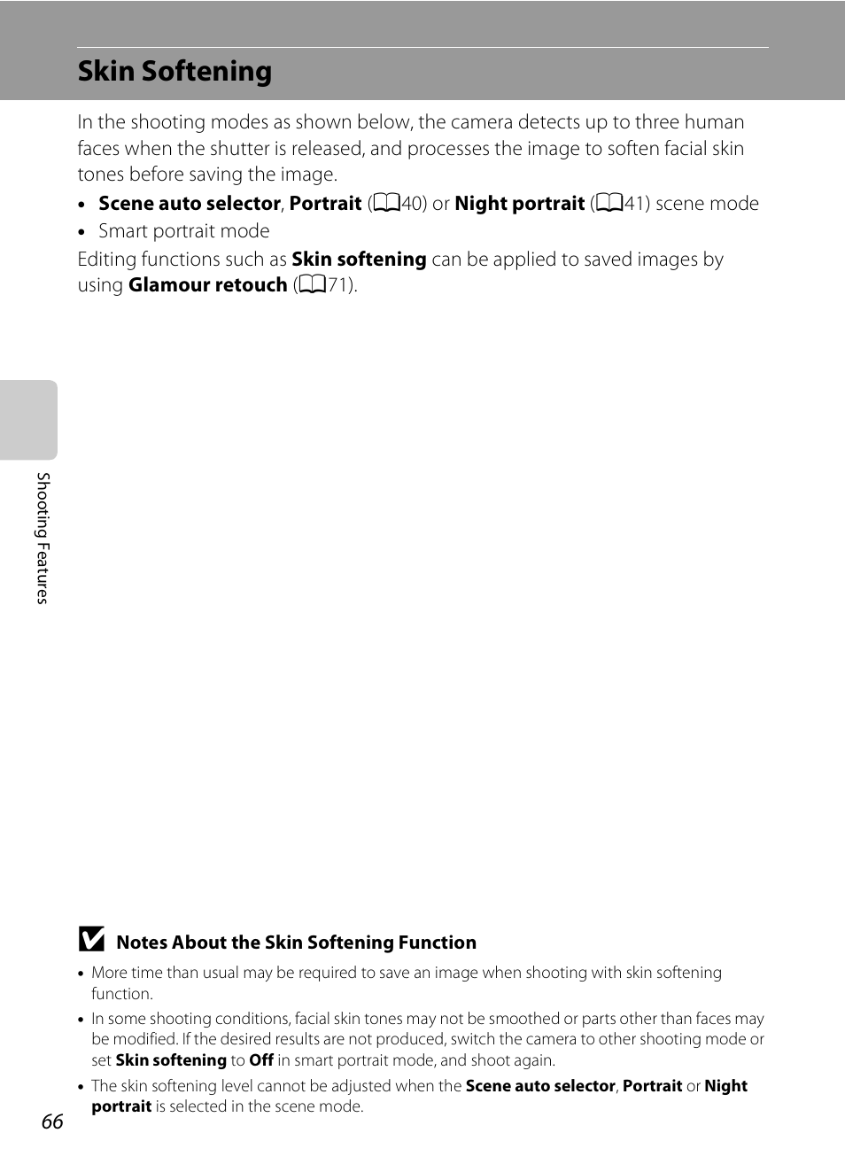 Skin softening, A66) | Nikon S3200 User Manual | Page 82 / 204