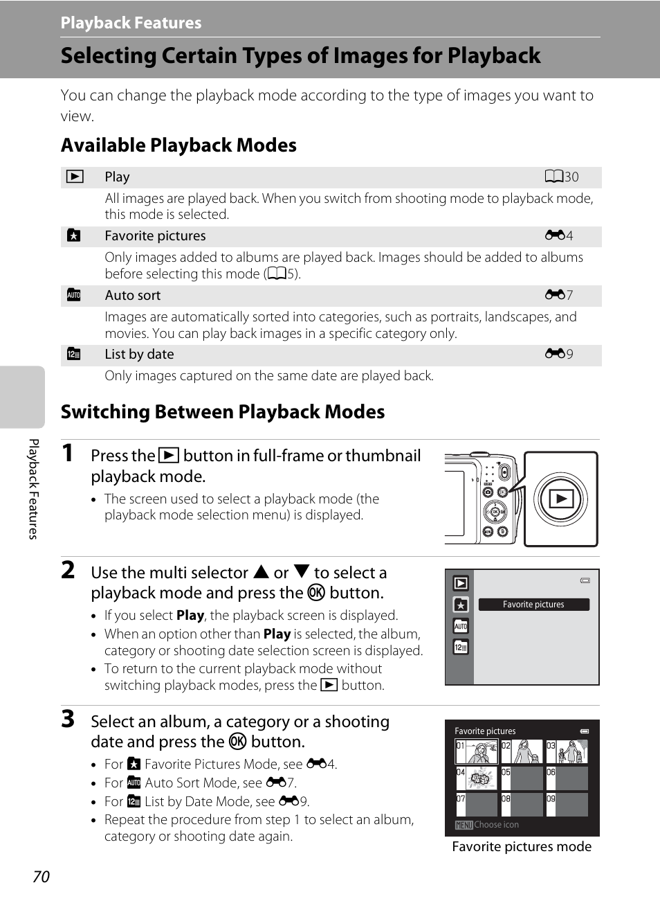 Selecting certain types of images for playback, Available playback modes, Switching between playback modes | A70) | Nikon S3200 User Manual | Page 86 / 204