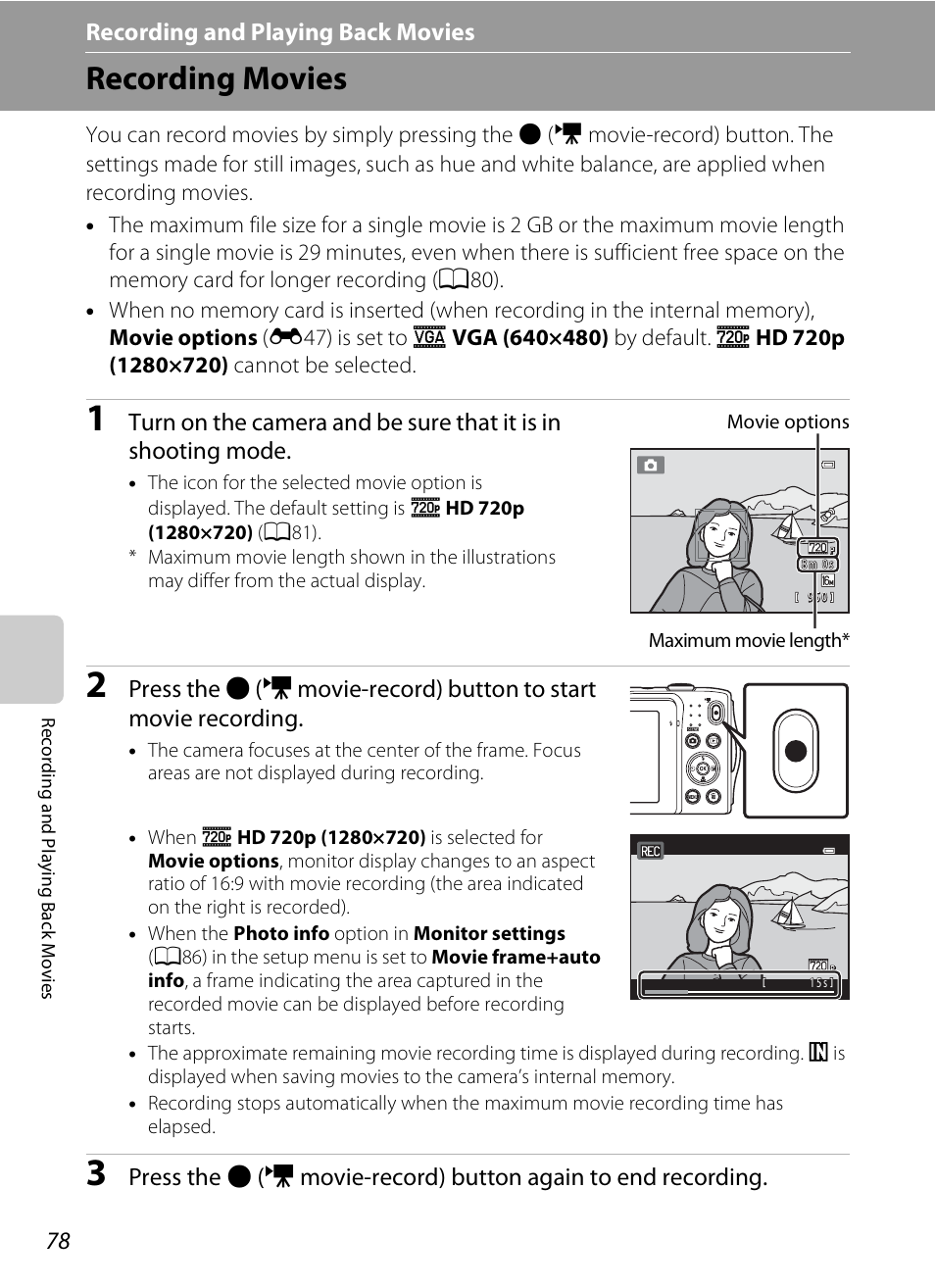 Recording movies, Recording and playing back movies | Nikon S3200 User Manual | Page 94 / 204