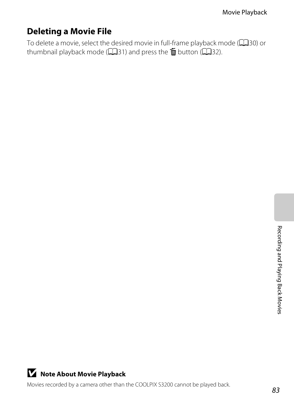 Deleting a movie file | Nikon S3200 User Manual | Page 99 / 204