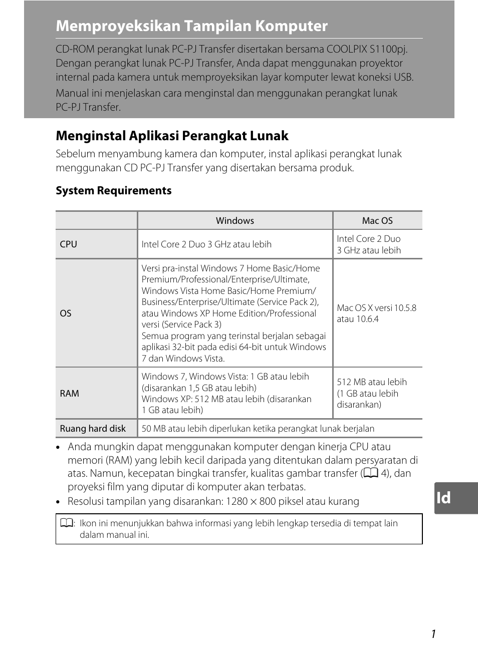 Memproyeksikan tampilan komputer, Menginstal aplikasi perangkat lunak | Nikon S1100pj User Manual | Page 19 / 32