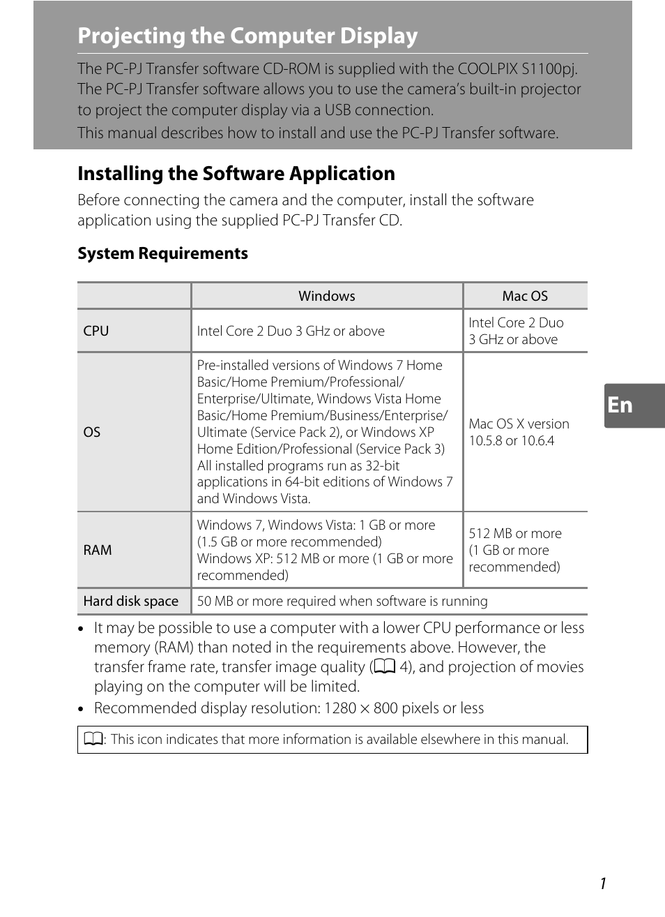 En projecting the computer display, Installing the software application | Nikon S1100pj User Manual | Page 3 / 32