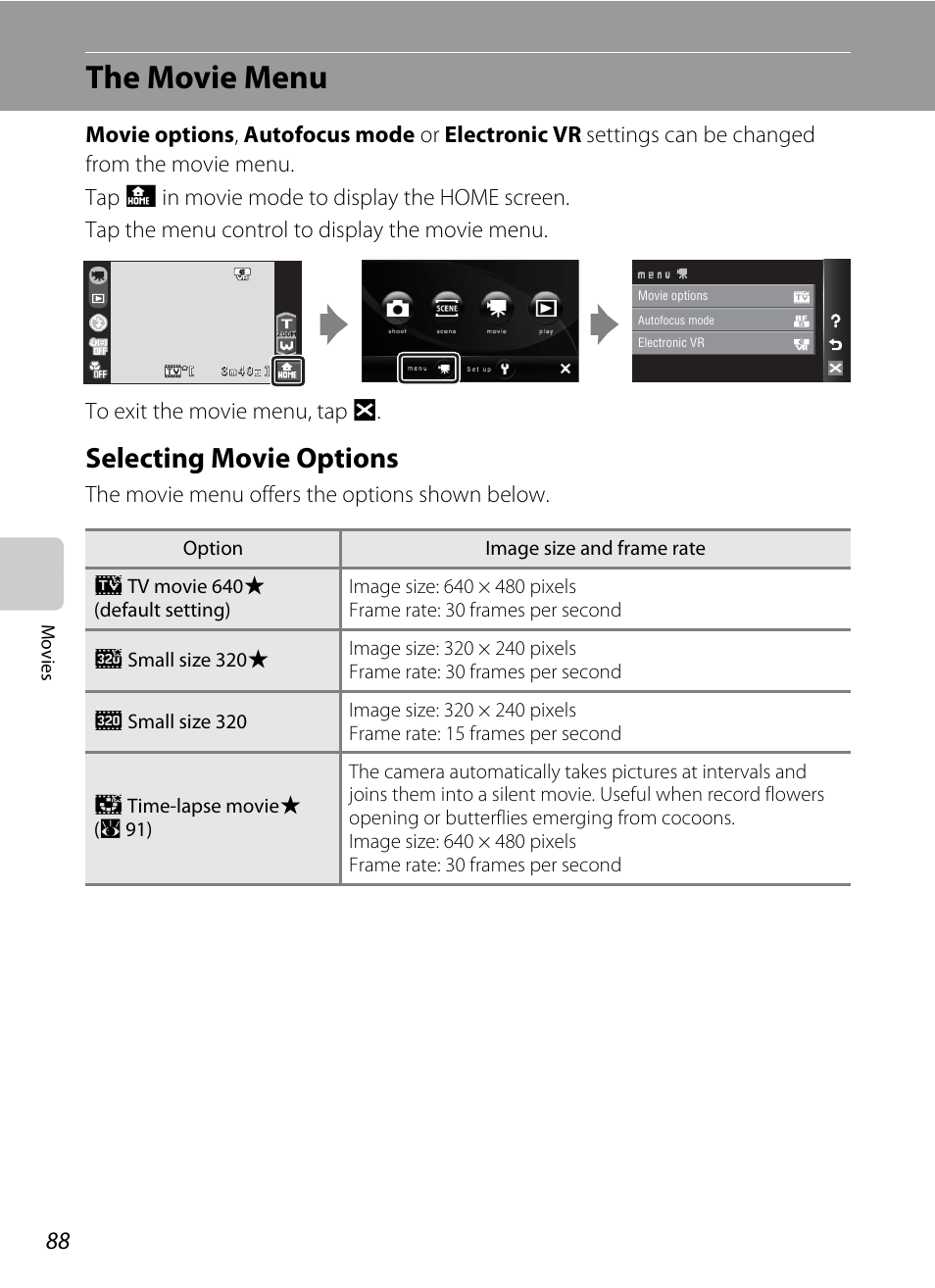 The movie menu, Selecting movie options, A 88) | Menu (a 88) | Nikon S60 User Manual | Page 100 / 184