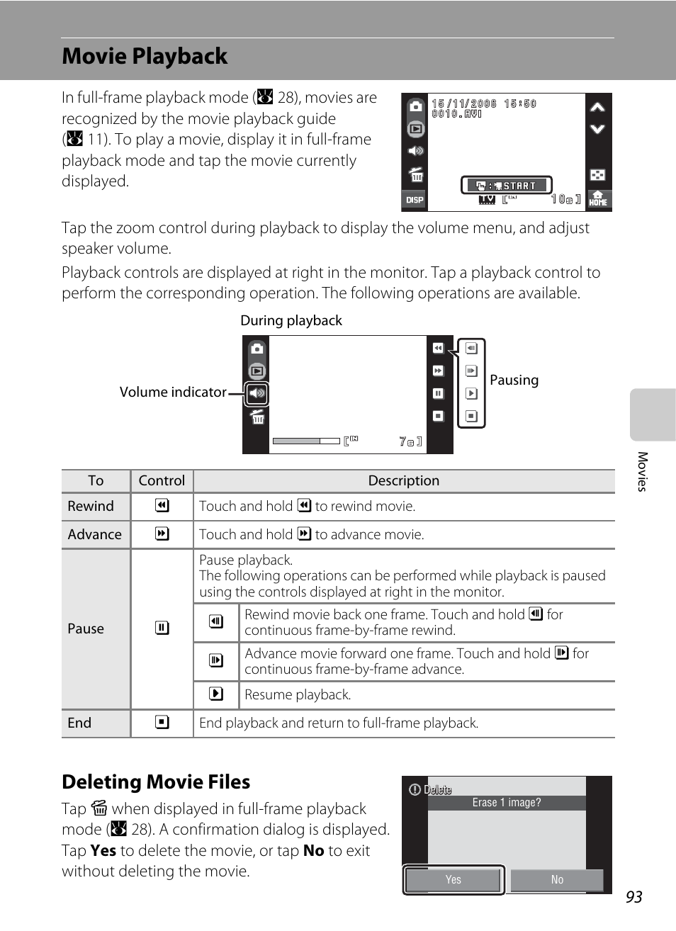 Movie playback, Deleting movie files | Nikon S60 User Manual | Page 105 / 184