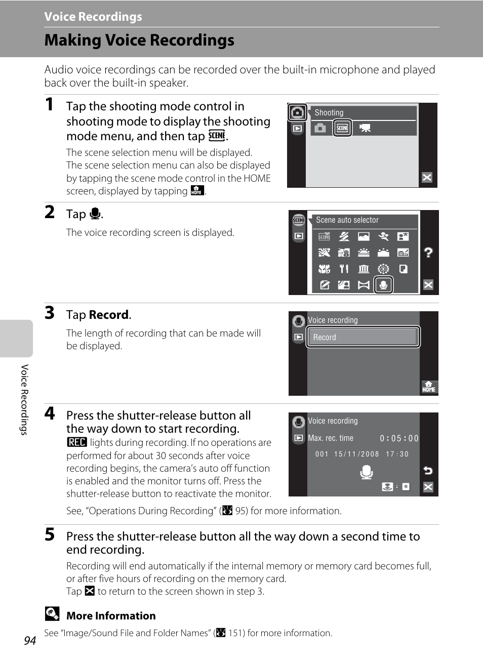 Voice recordings, Making voice recordings, E voice recordings | Ee “voice recordings, A 94) | Nikon S60 User Manual | Page 106 / 184