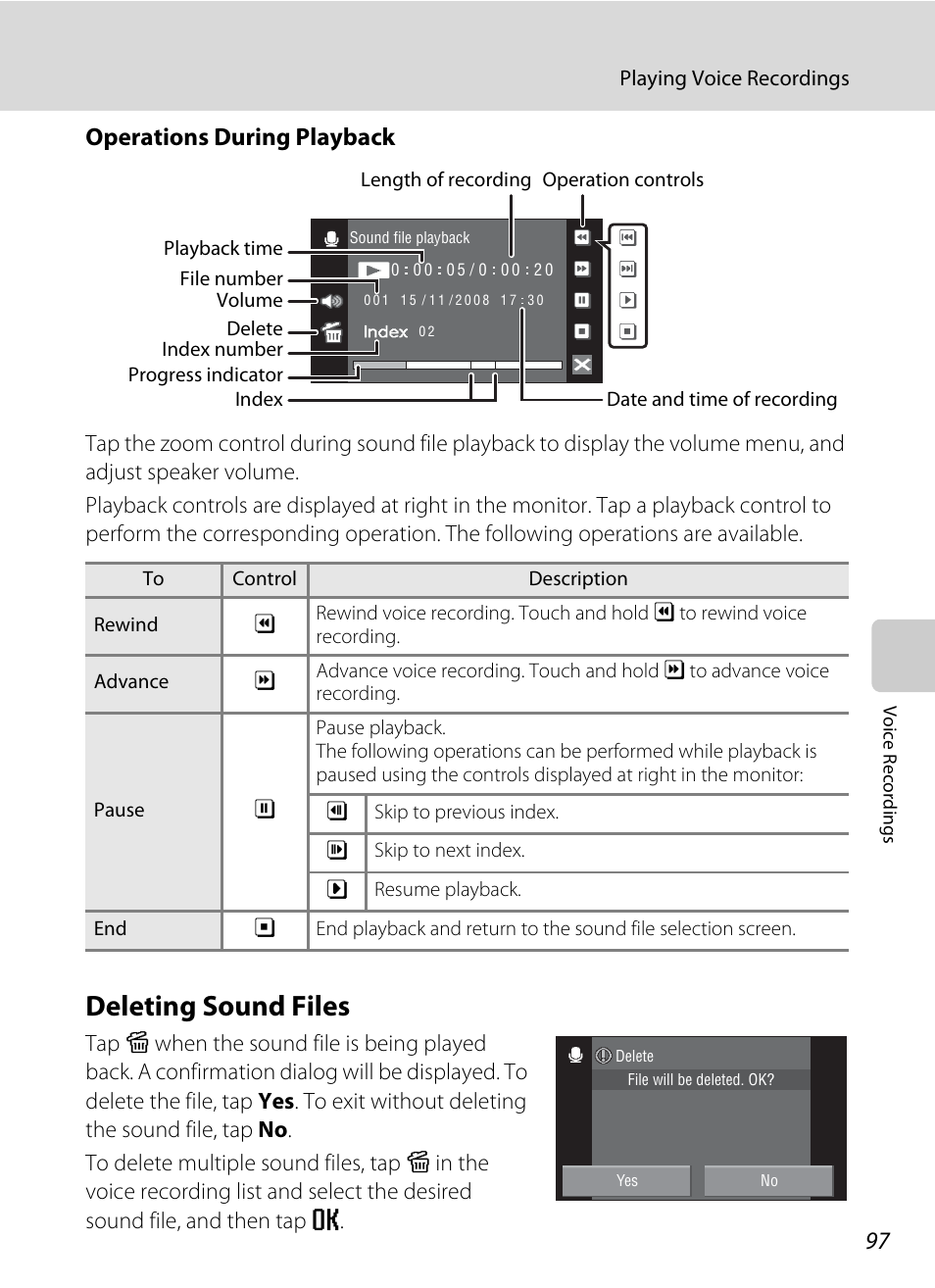 Deleting sound files, Operations during playback | Nikon S60 User Manual | Page 109 / 184