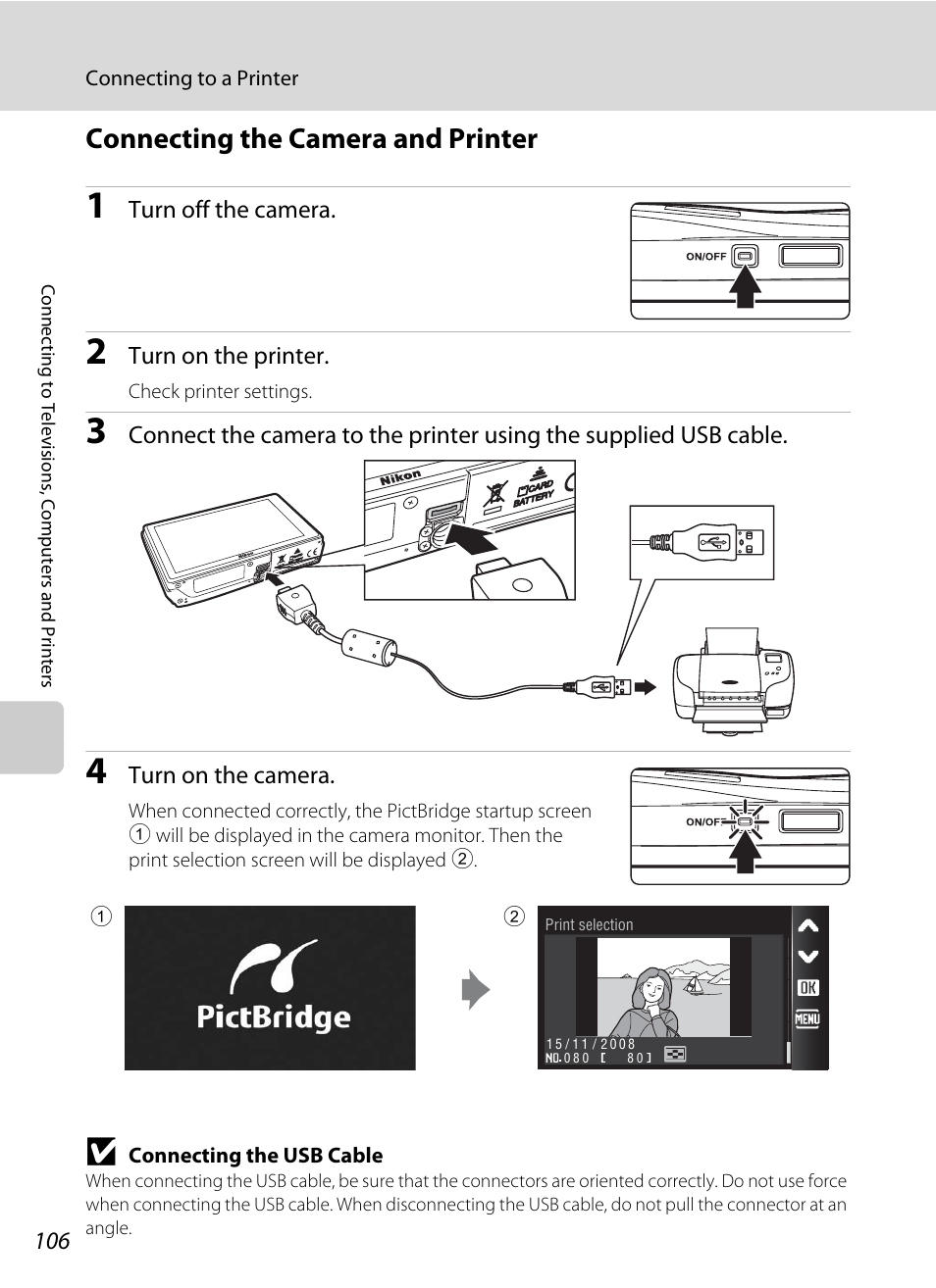 Connecting the camera and printer, A 106) | Nikon S60 User Manual | Page 118 / 184